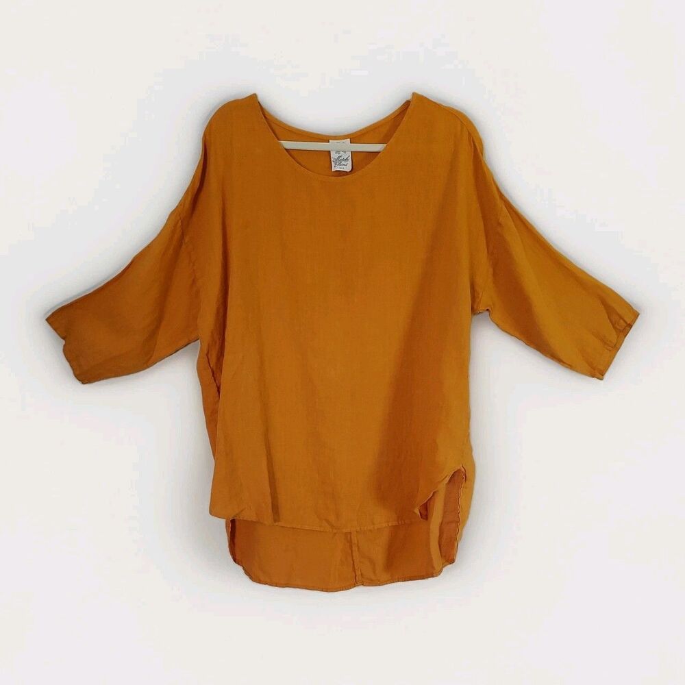 Match Point USA Women's Linen Lagenlook Yellow Tunic Top Hi-Low Hem Size Medium